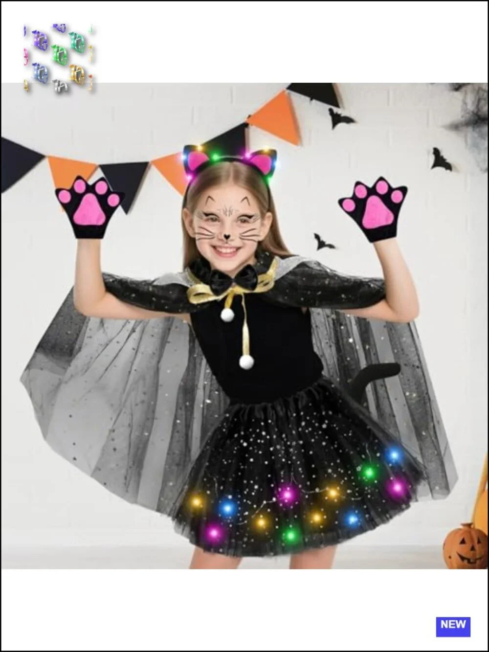 Girls LED Cat Halloween Costume 7pc Set Ages 3-8 Tutu Cape Gloves